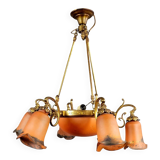 After Muller: Art Nouveau style chandelier in brass, bronze and glass paste