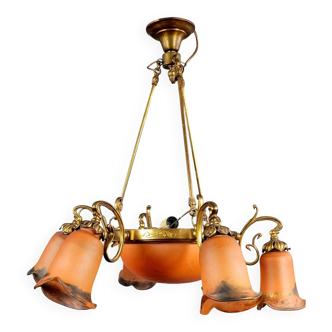 D'après Muller: lustre en laiton, bronze et pate de verre style Art Nouveau