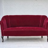 1950s, Danish 2-seater sofa, red furniture velour, ash wood legs.