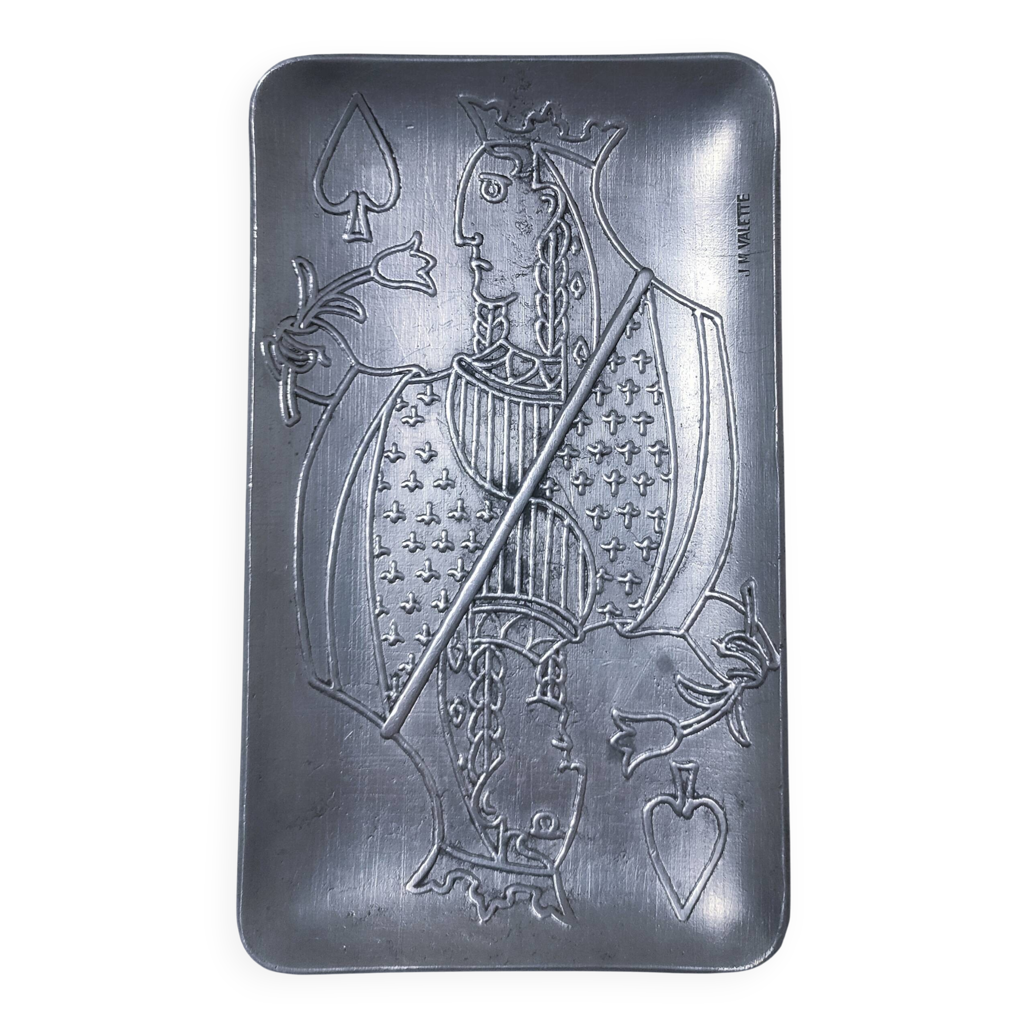 Lady of Spades pocket tray by JM Valette, signed, metal, 1960s.