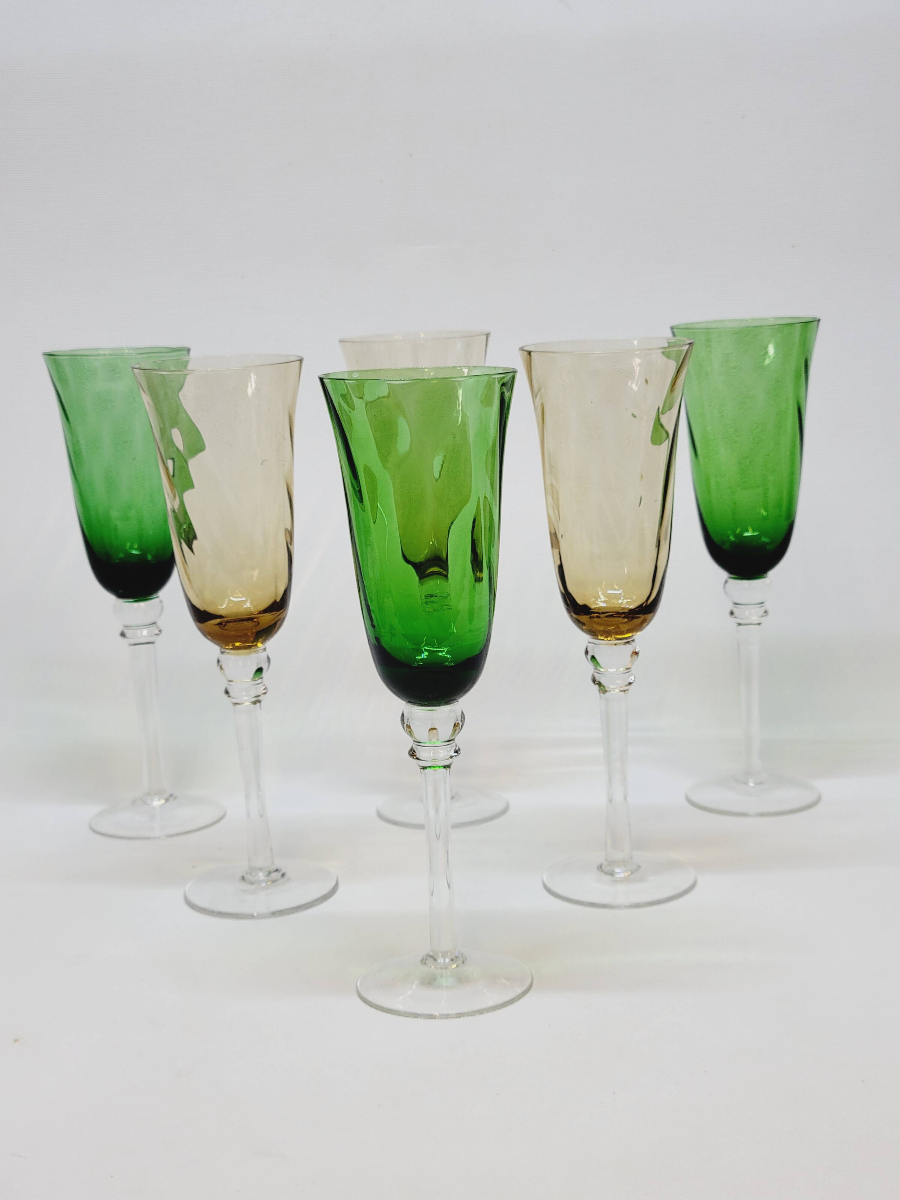 6 Champagne Flutes in Twisted Blown Glass 2 Colors Green and Amber