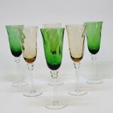 6 Flûtes A Champagne En Verre Soufflé Torsadé 2 Couleurs Vert Et Ambré