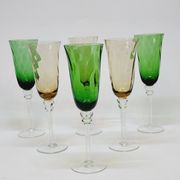 6 Champagne Flutes in Twisted Blown Glass 2 Colors Green and Amber