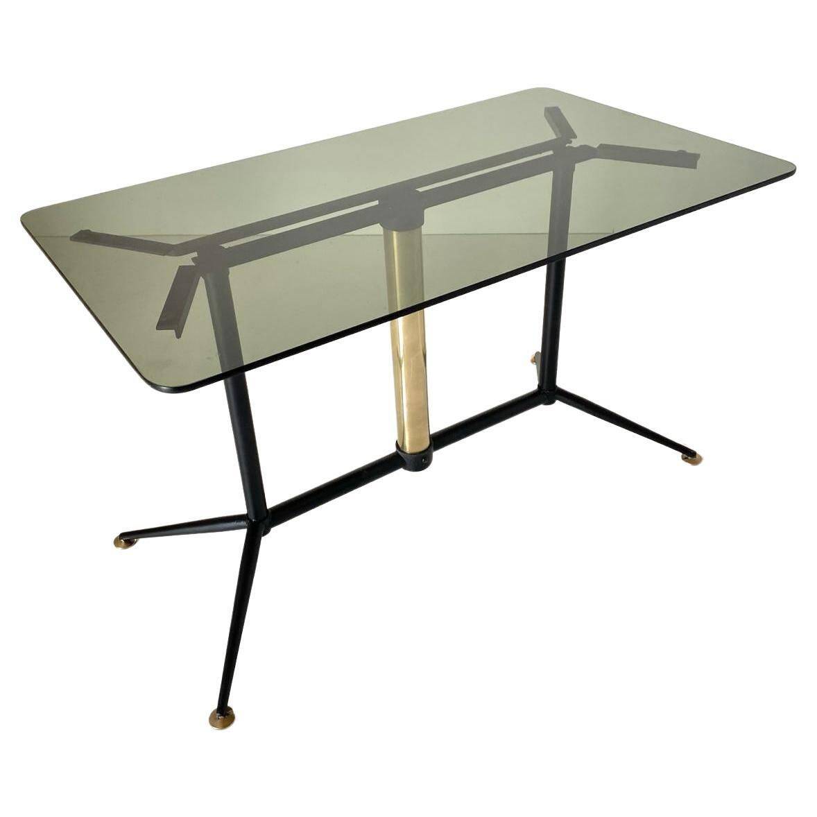 Vintage coffee table with smoked glass top and iron and brass base, Italy 1960s