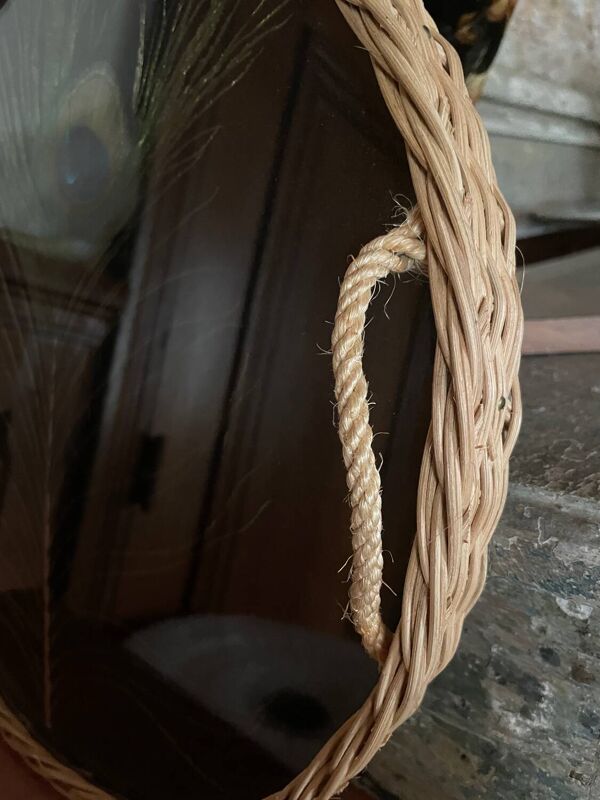 Plateau en rotin vintage plume de paon