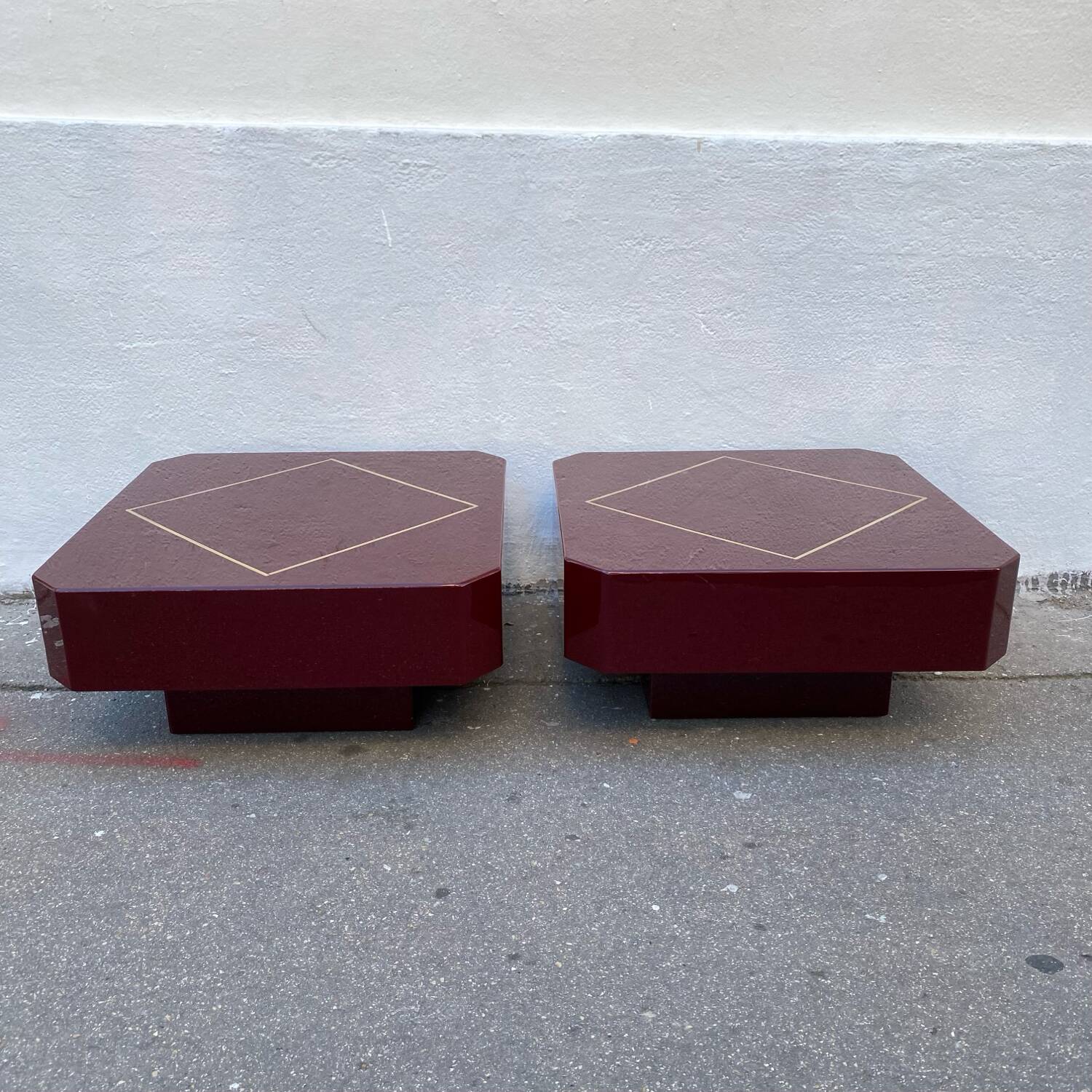 Pair of vintage lacquered and brass coffee tables, 1970
