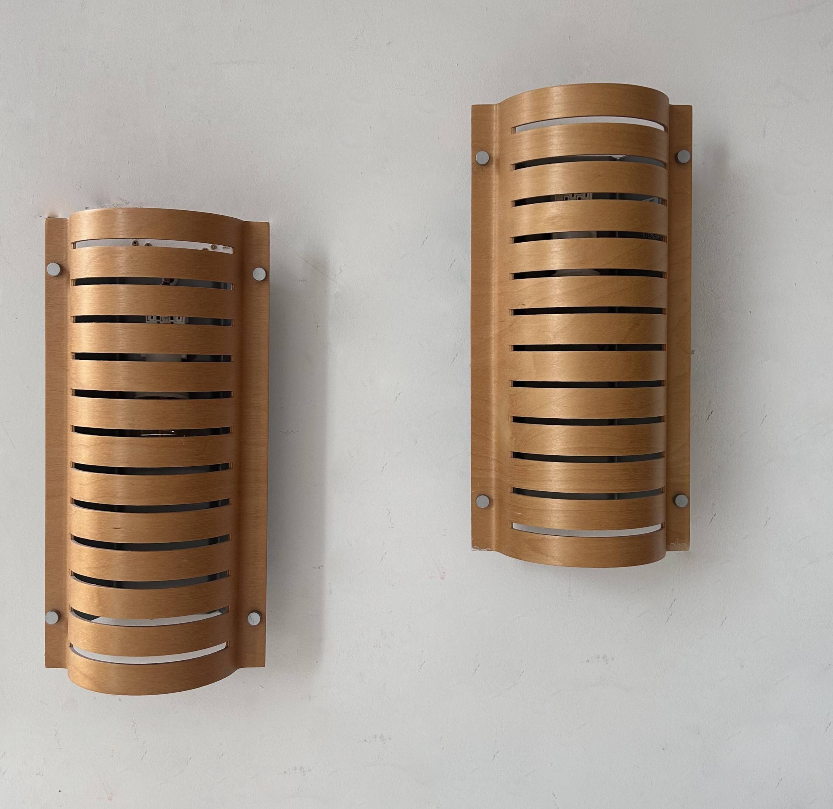Pair of vintage wall lights, thermoformed wood, Sweden 1980s