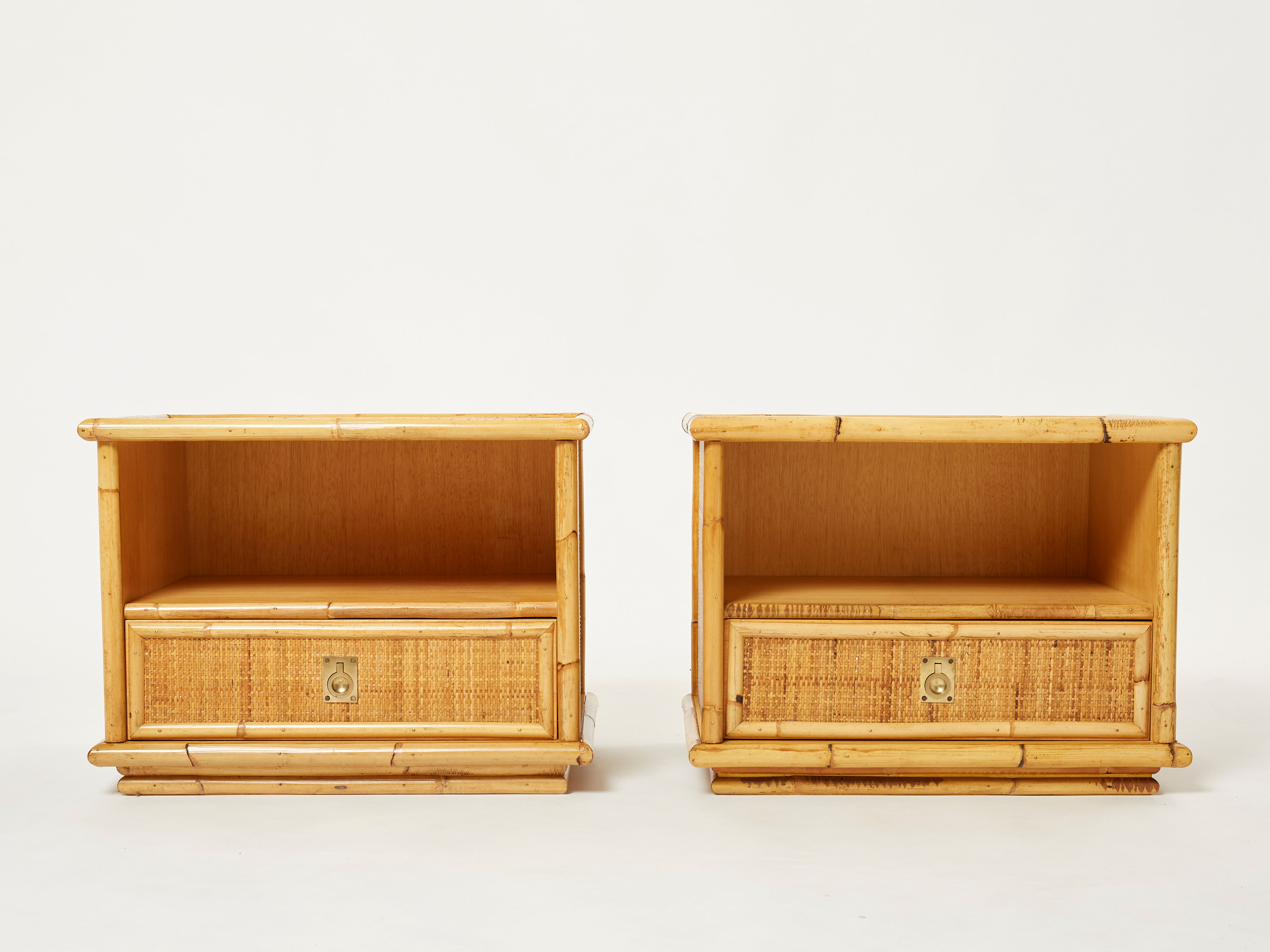 Pair of Italian bedside tables Dal Vera bamboo rattan brass 1970