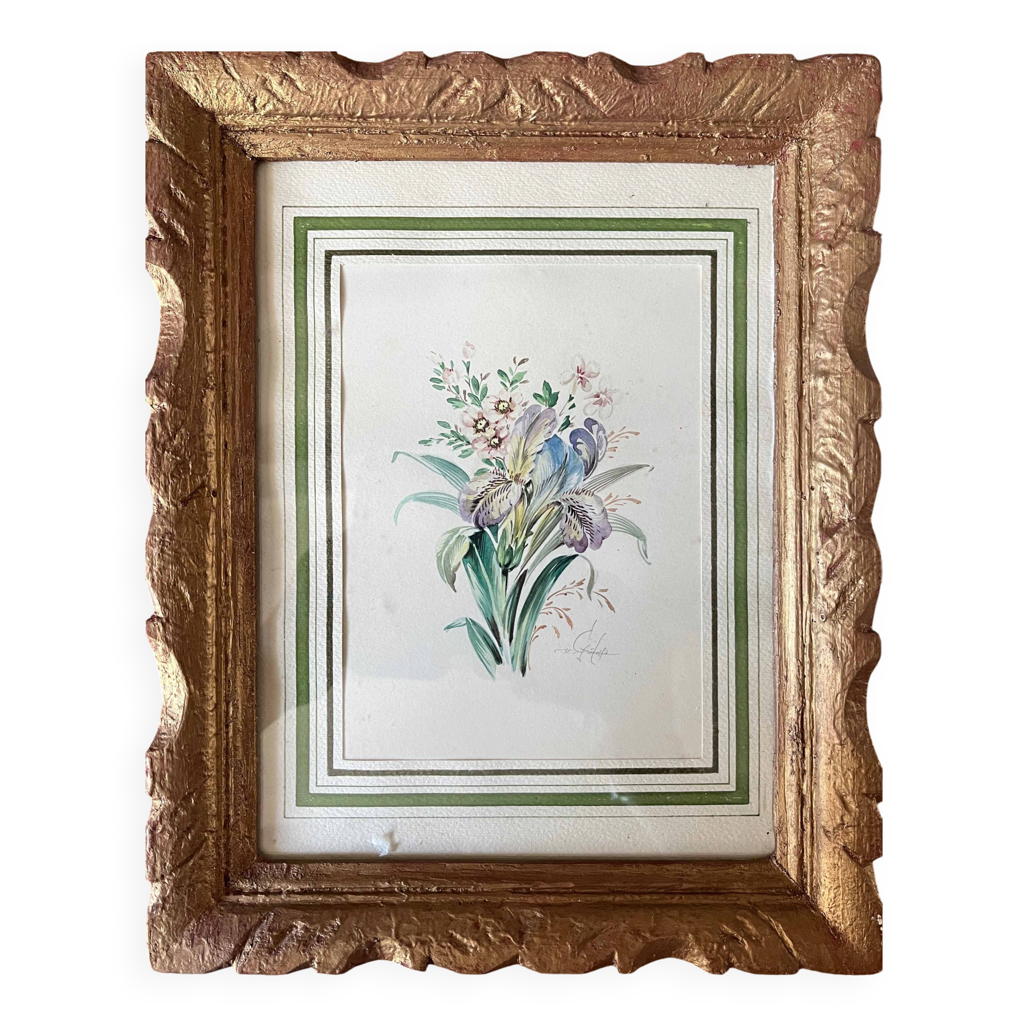 Tableau Aquarelle "Fleurs du jardin" signé début XX°
