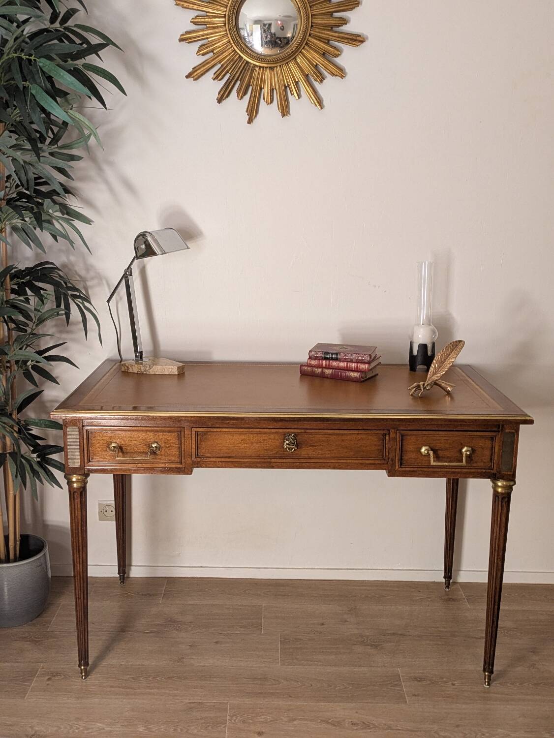 Antique Louis XVI style vintage desk, leather, brass, cherry wood