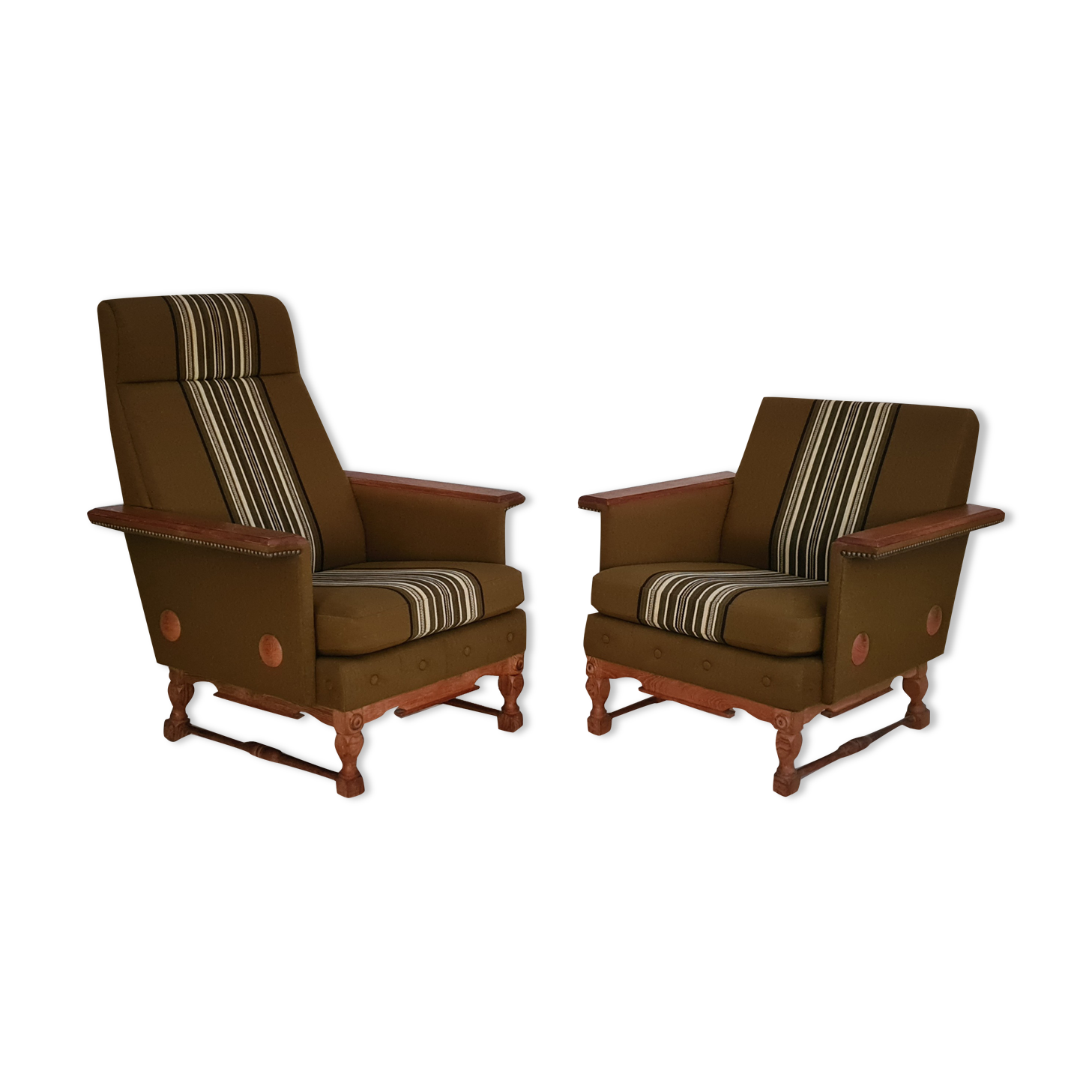 Ensemble de fauteuils bois de chêne laine état d’origine années 1970