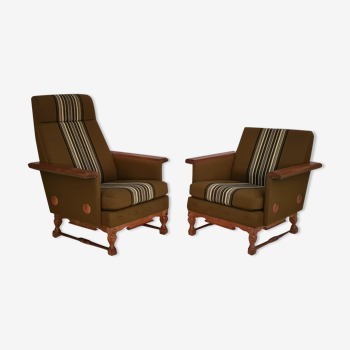 Ensemble de fauteuils bois de chêne laine état d’origine années 1970