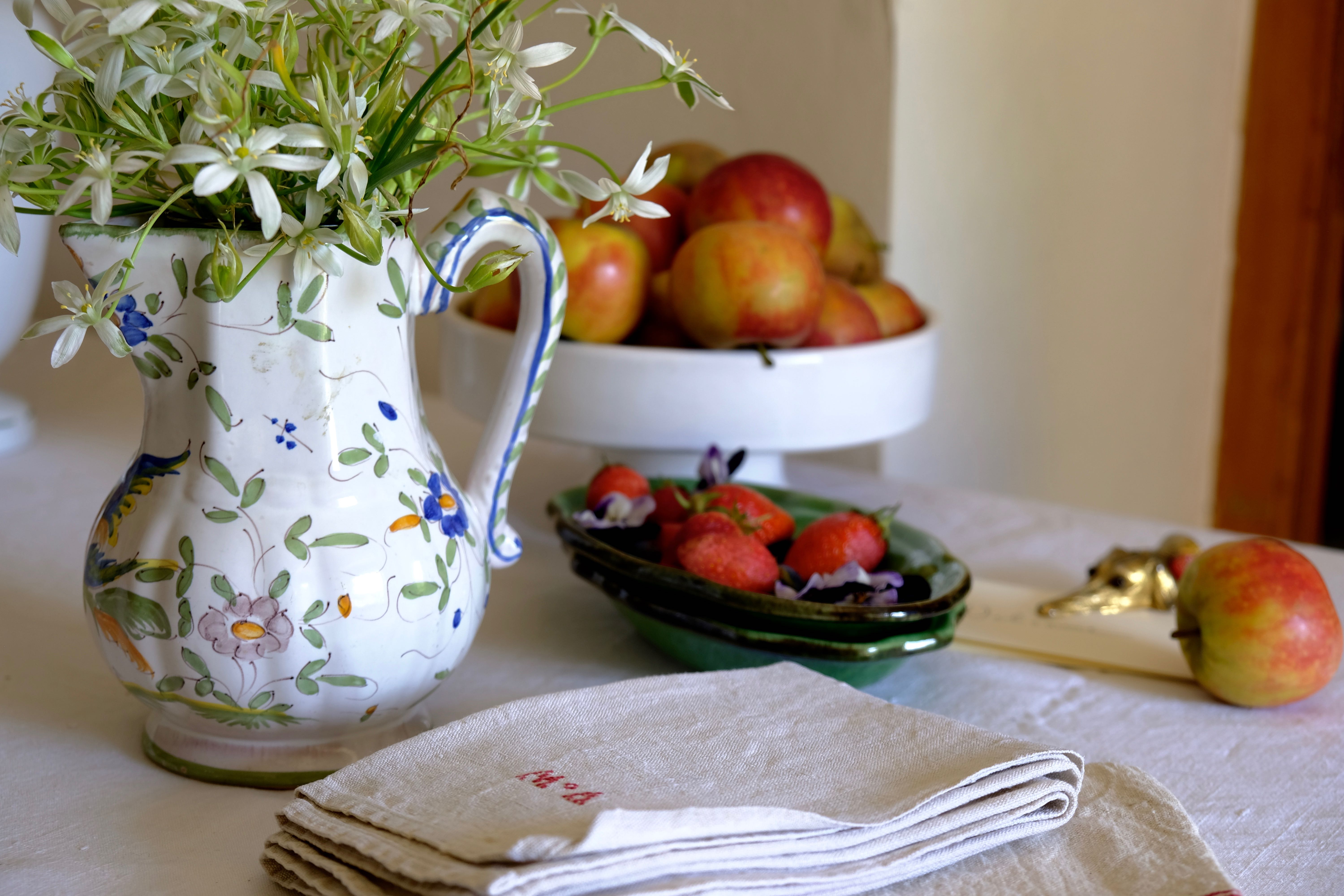 Painted Moustiers earthenware pitcher