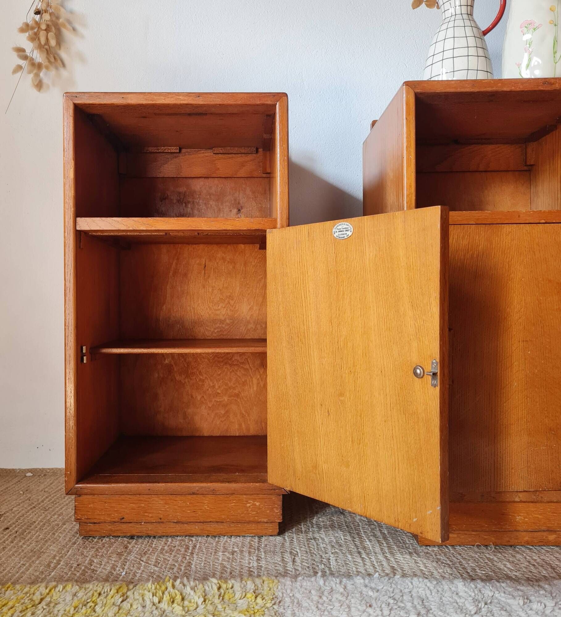 Art Deco pair of bedside tables in light oak by A. Gardner & Son