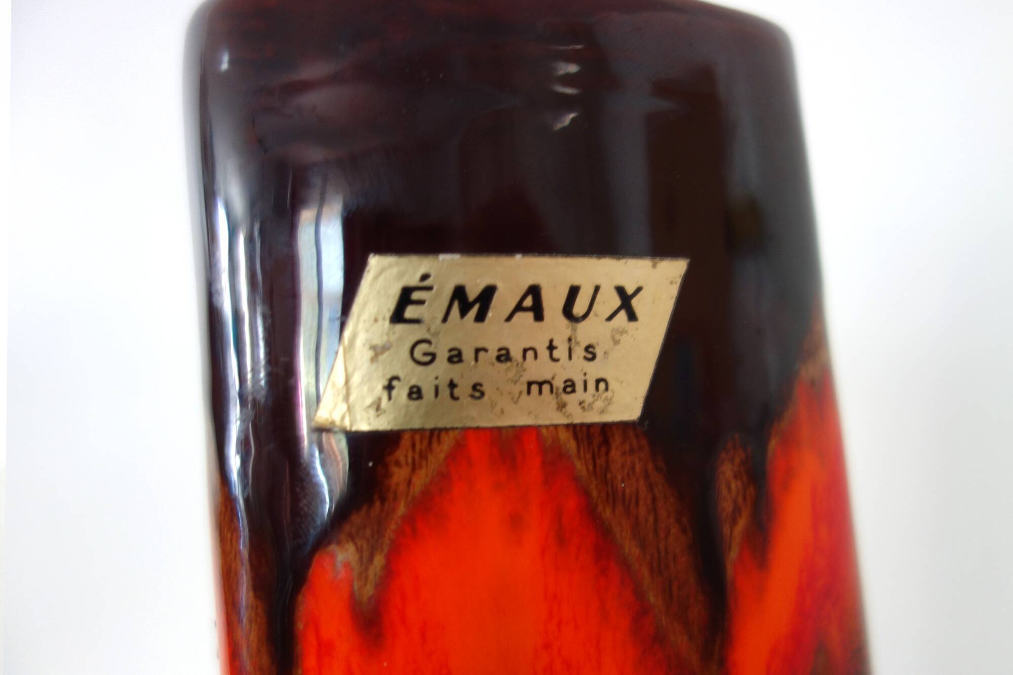 Large vintage Fat lava and enamel vase, H40cm