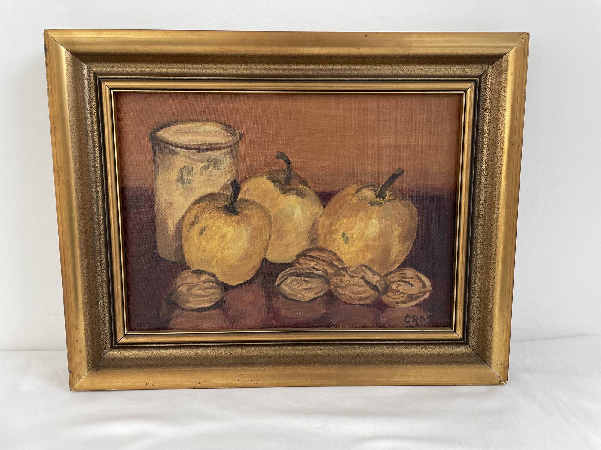 Oil painting on canvas, still life with fruits and pot, nuts, signed, George Cros, signed