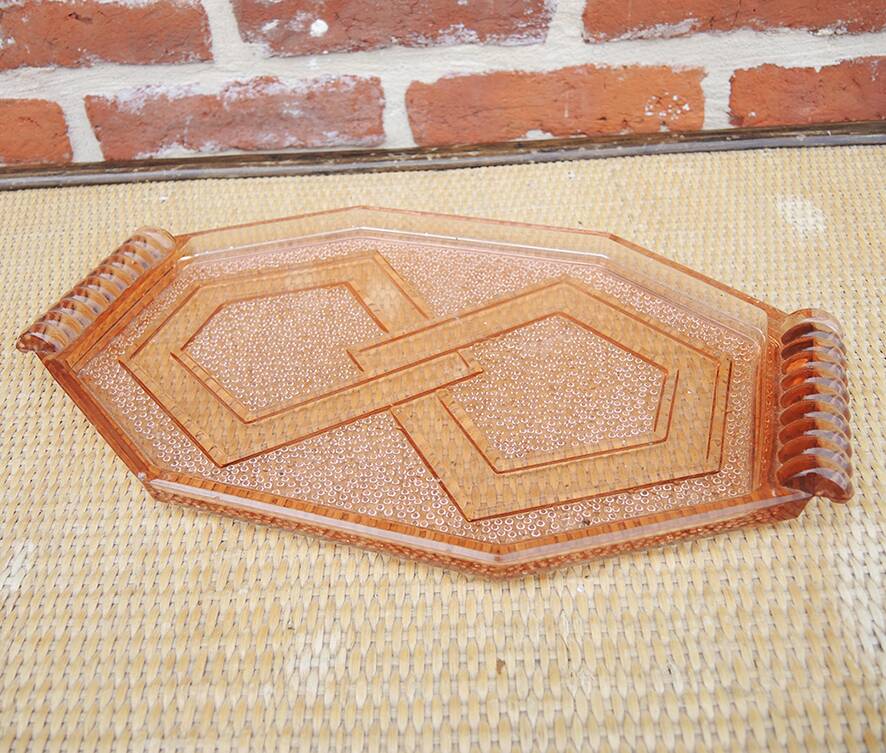 Vintage pink moulded glass Art Deco tray