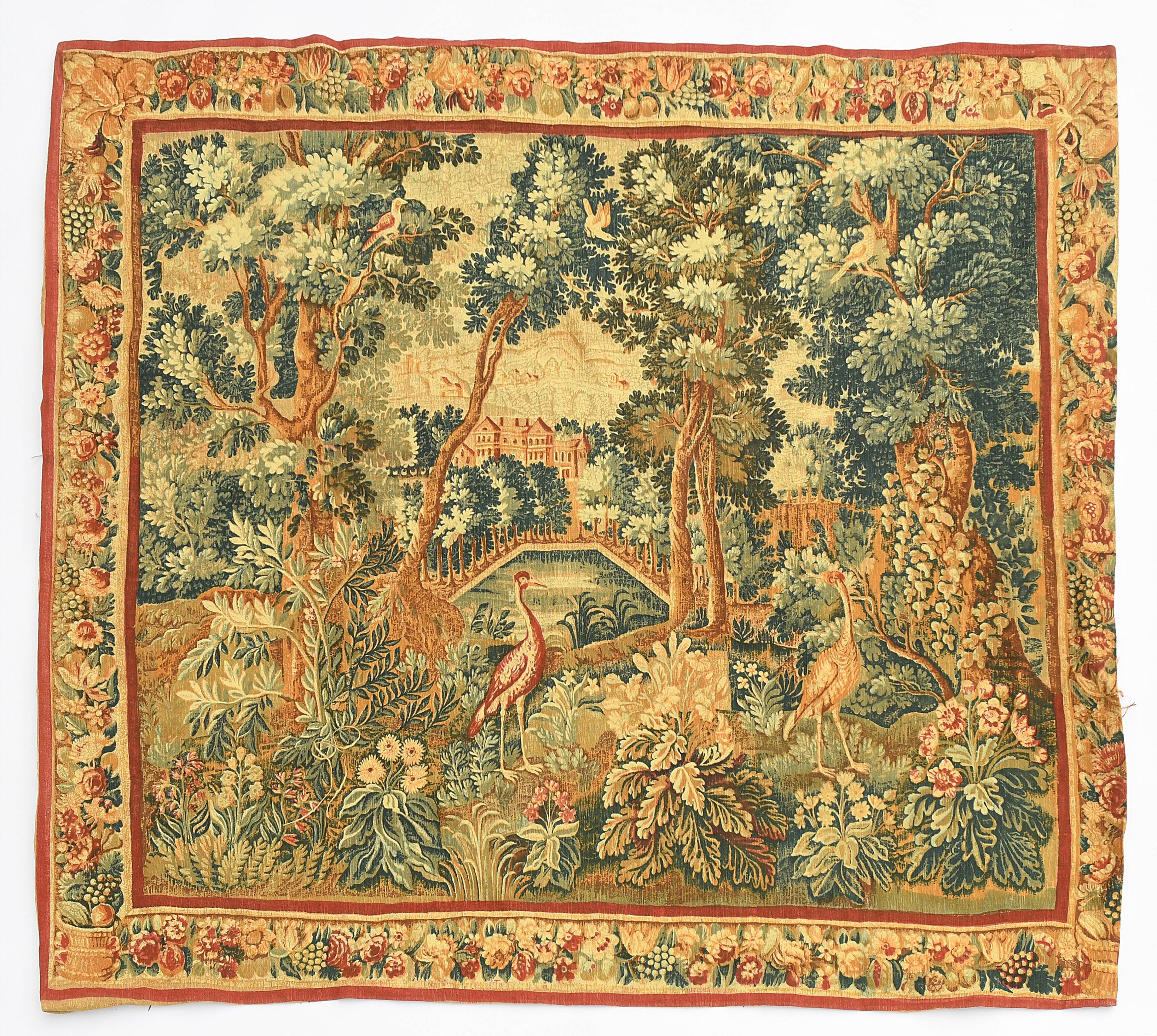 Printed green tapestry depicting birds in the park of a castle