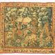Printed green tapestry depicting birds in the park of a castle