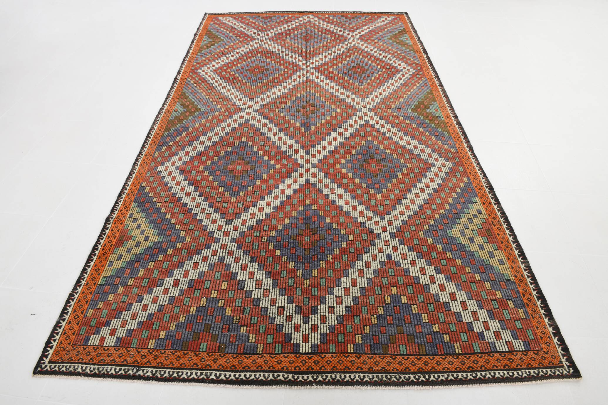 6x11 Mulicolor Living Room Rug, Vintage Wool Kilim Rug, 187x339Cm