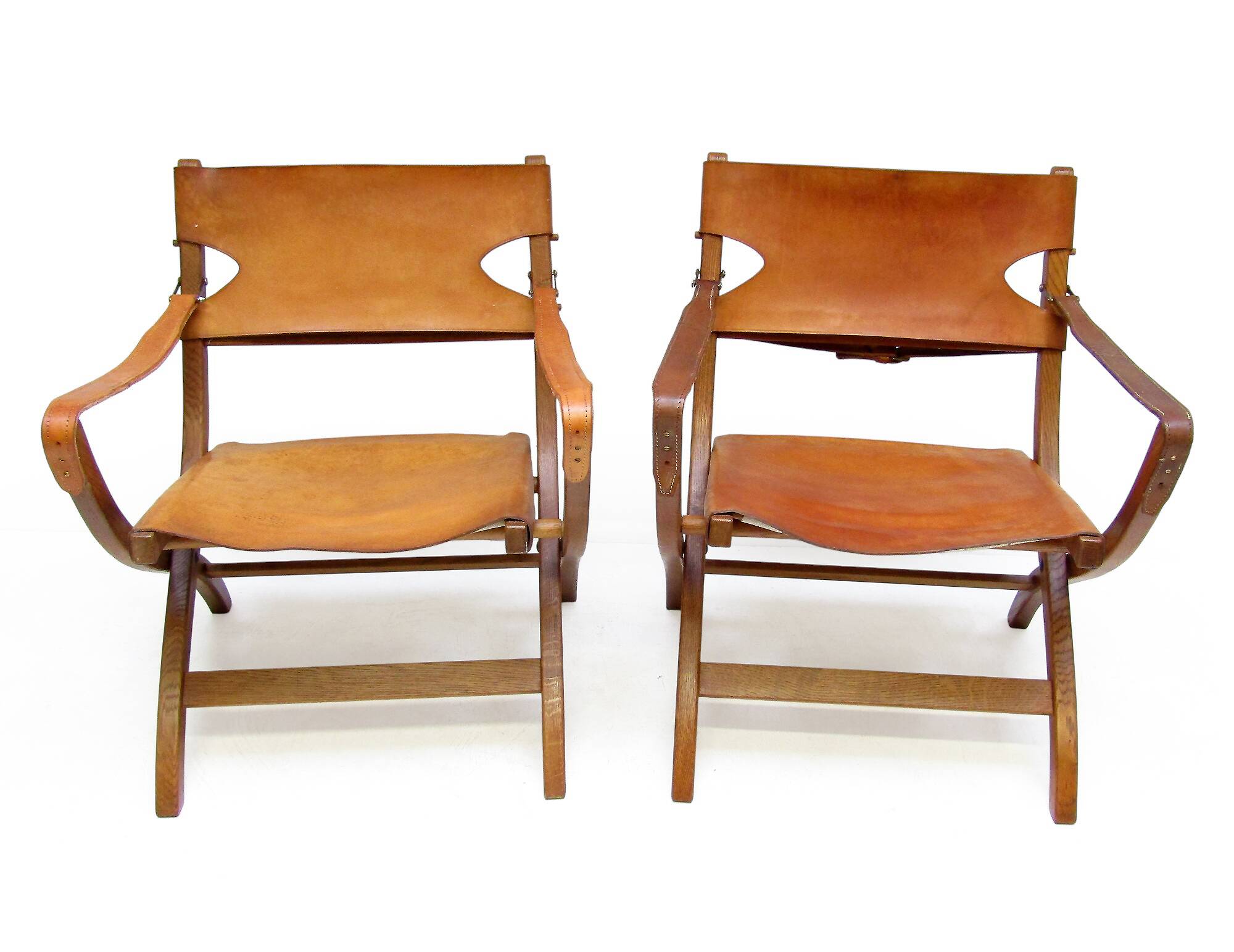 Two 1950s Danish Safari Chairs In Oak & Hide Leather by Poul Hundevad