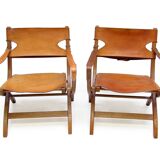Two 1950s Danish Safari Chairs In Oak & Hide Leather by Poul Hundevad