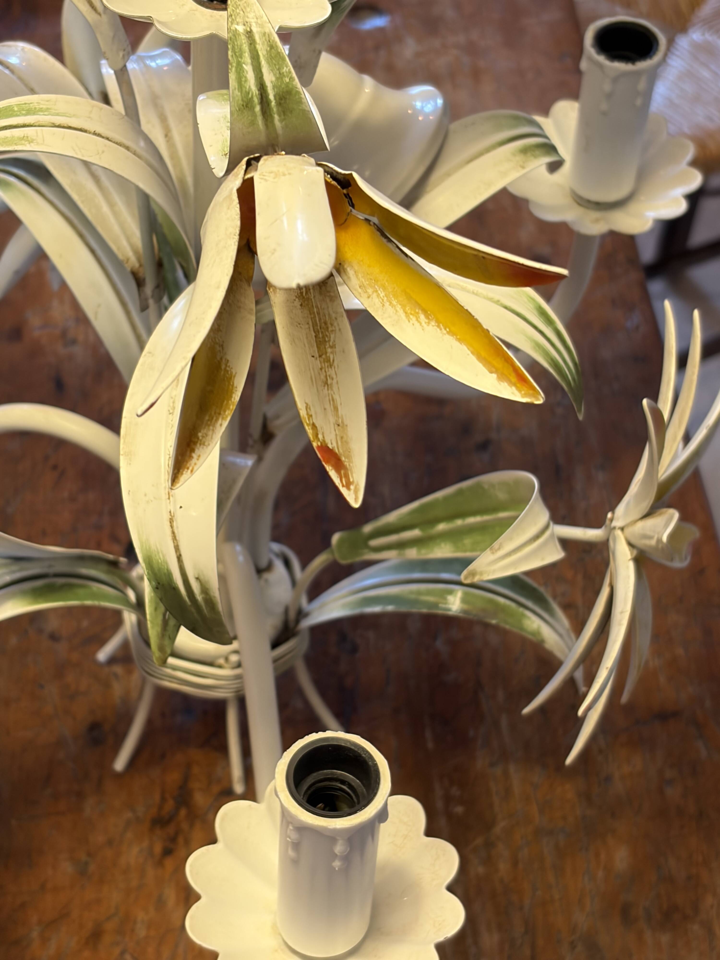 Vintage floral metal painted chandelier – 3 lights – 1970s