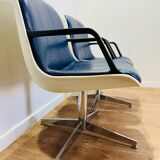 2 office chairs attr. to Strafor, white molded plastic shell, blue skai and chrome metal star base