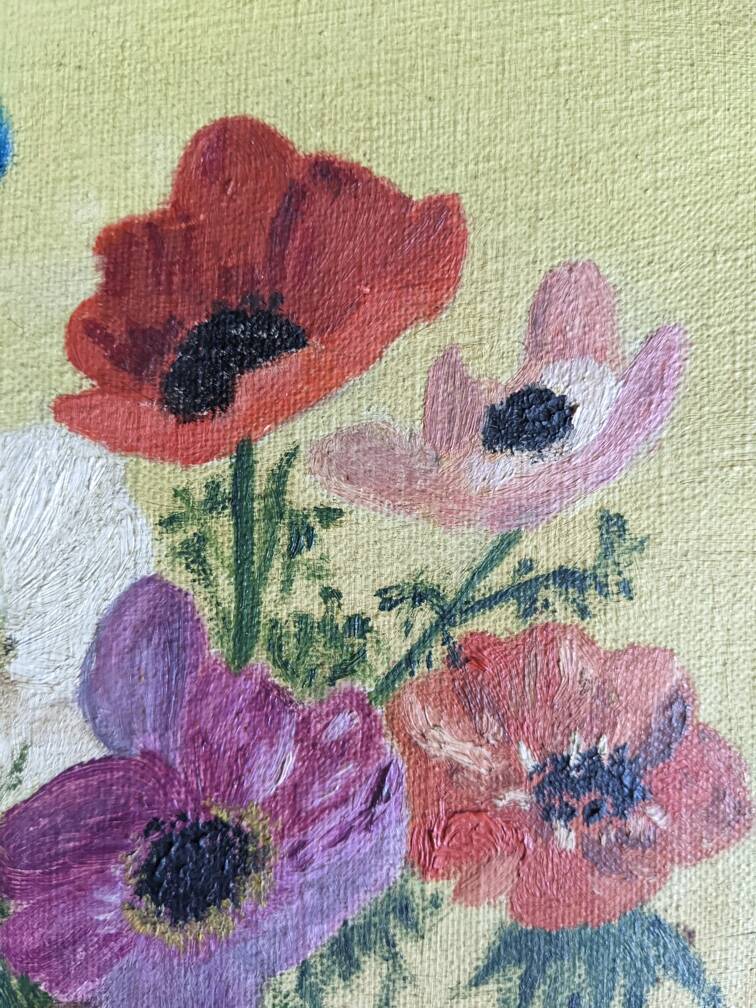 Acrylic painting on canvas, old still life, bouquet of flowers