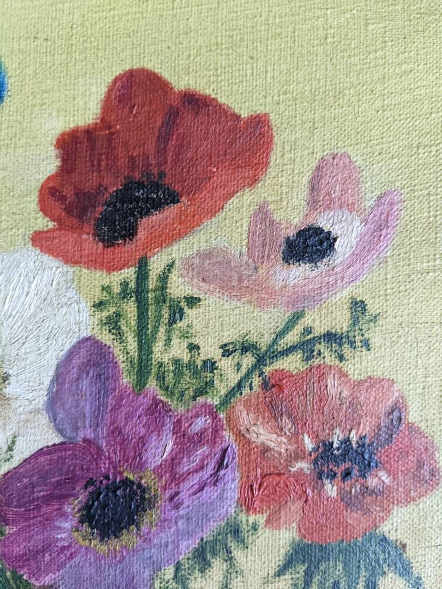Acrylic painting on canvas, old still life, bouquet of flowers