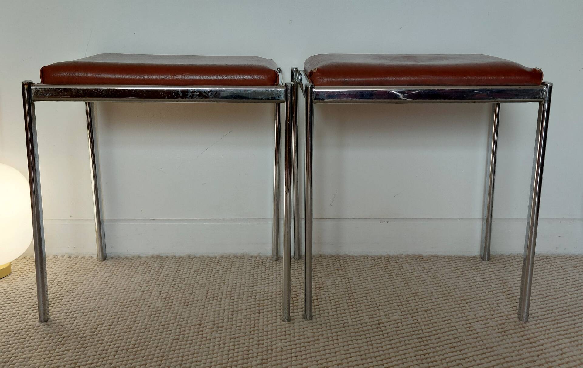 Pair of vintage stackable stools in faux leather and chrome - 70s