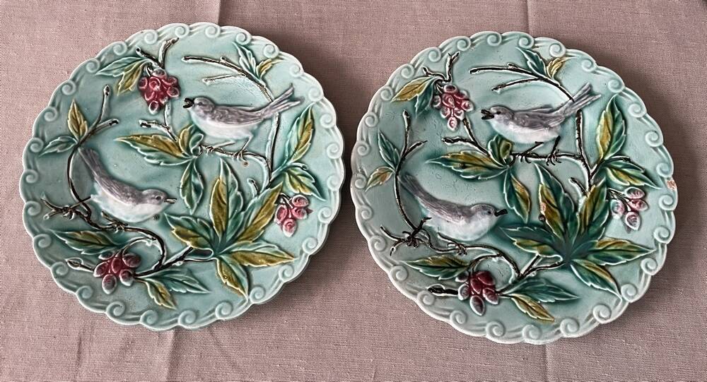 Duo of plates in barbotine decorated with two birds on a fruit tree