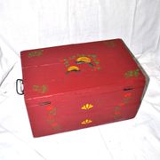 Vintage wooden trunk – toy chest or music box with painted stencil bird decoration.