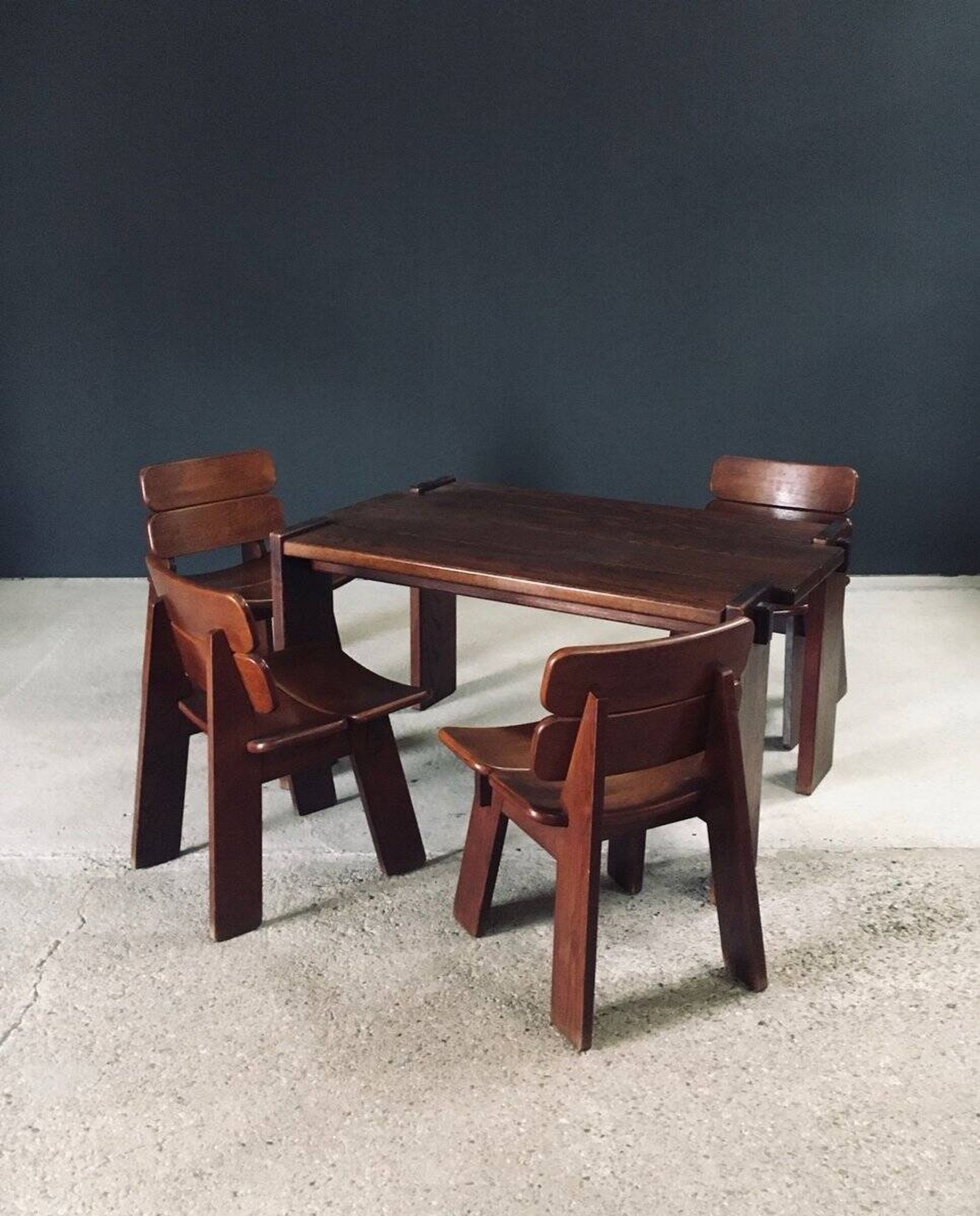 Constructivist Oak Dining Chairs, Belgium, 1960s, Set of 4