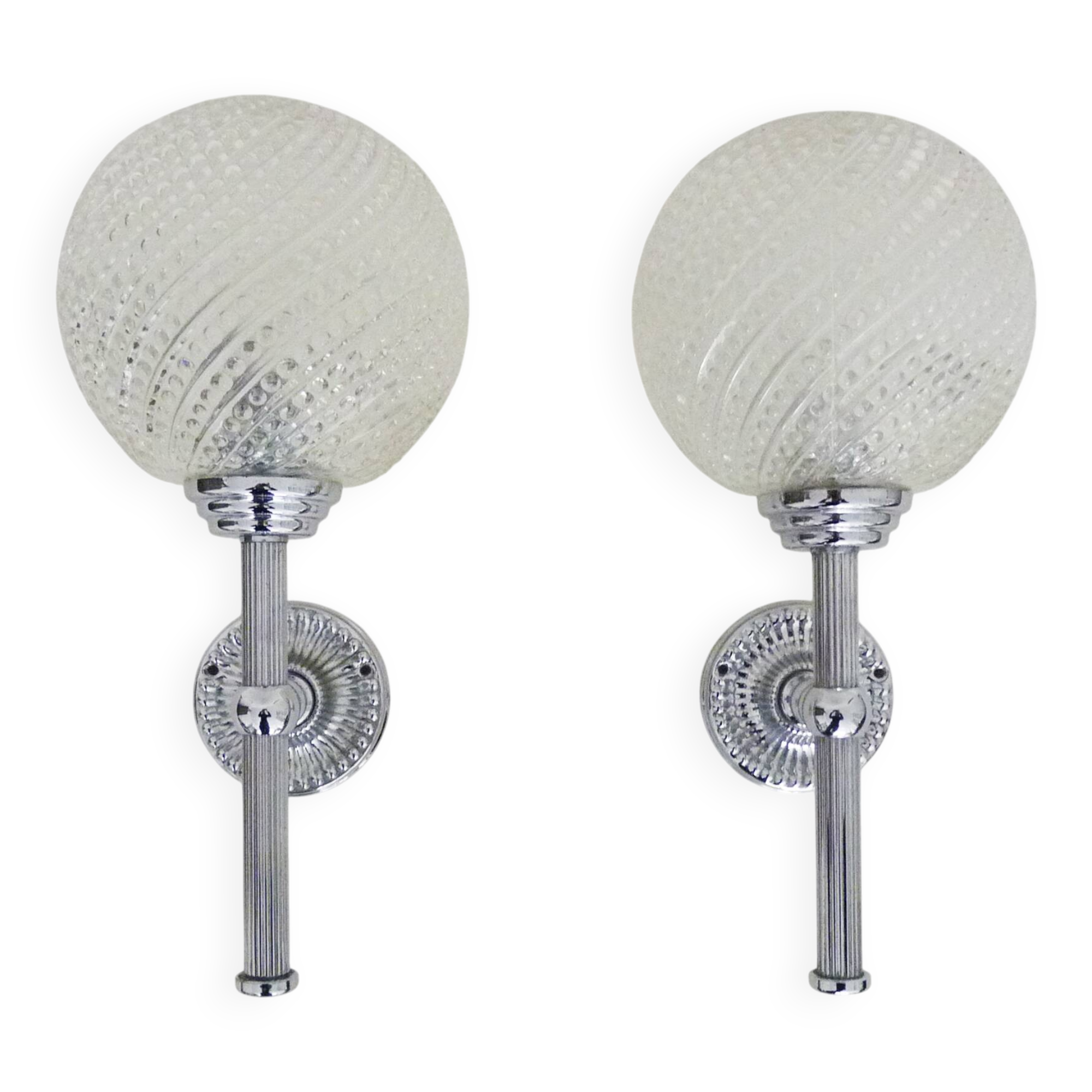 Pair of vintage Karl Lenz wall sconces. Chrome-plated metal and glass