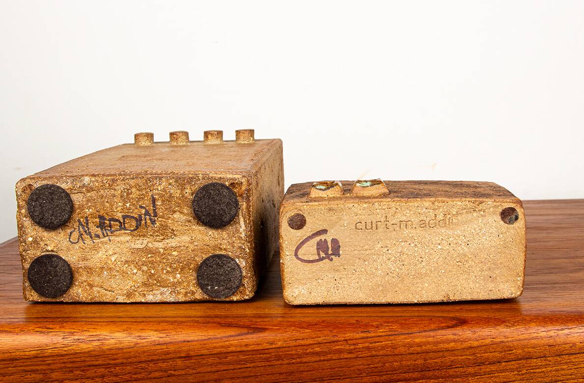 Pair of Swedish vases, brutalist, stoneware, glazed neck, Curt Magnus Addin.