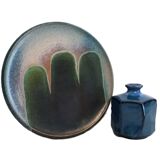 set of 2 blue handmade ceramics/small vase + plate