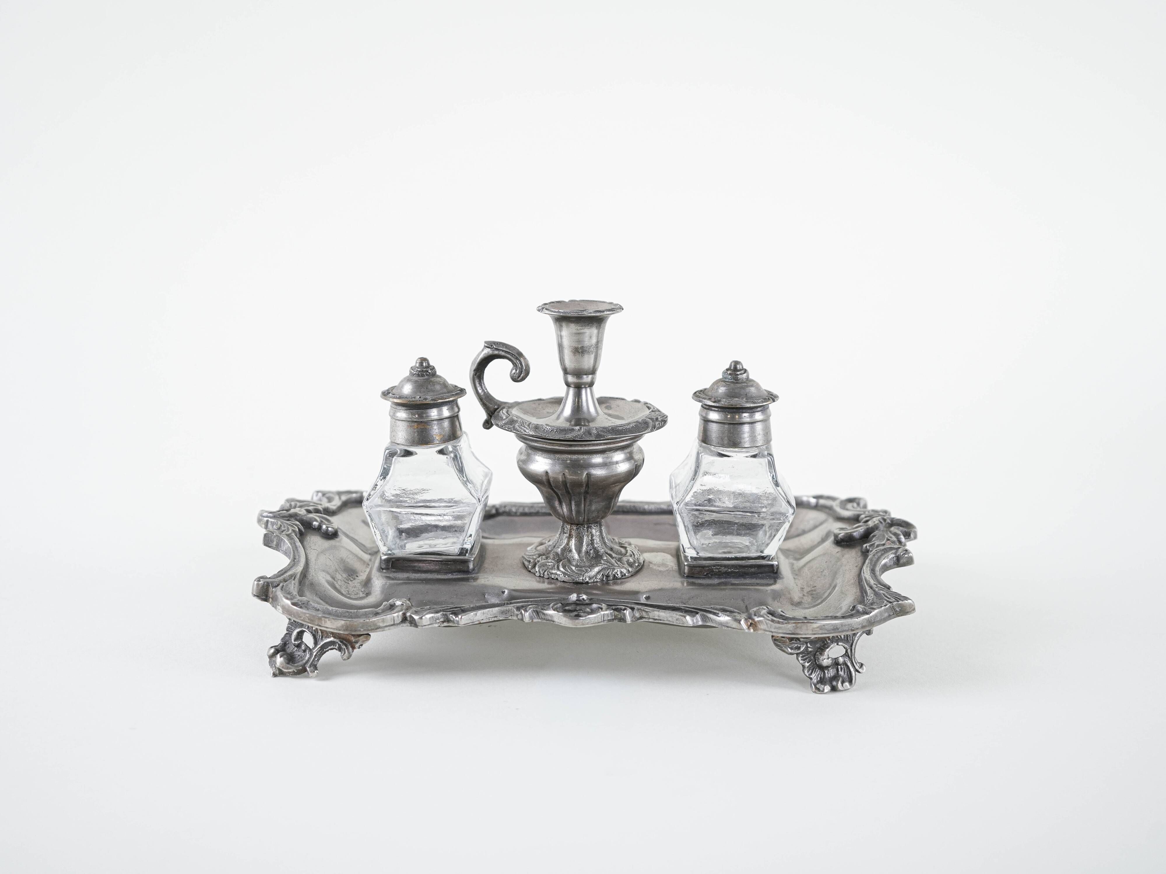 Decorative Art Deco table set – metal tray with glass flacons, European craftsmanship