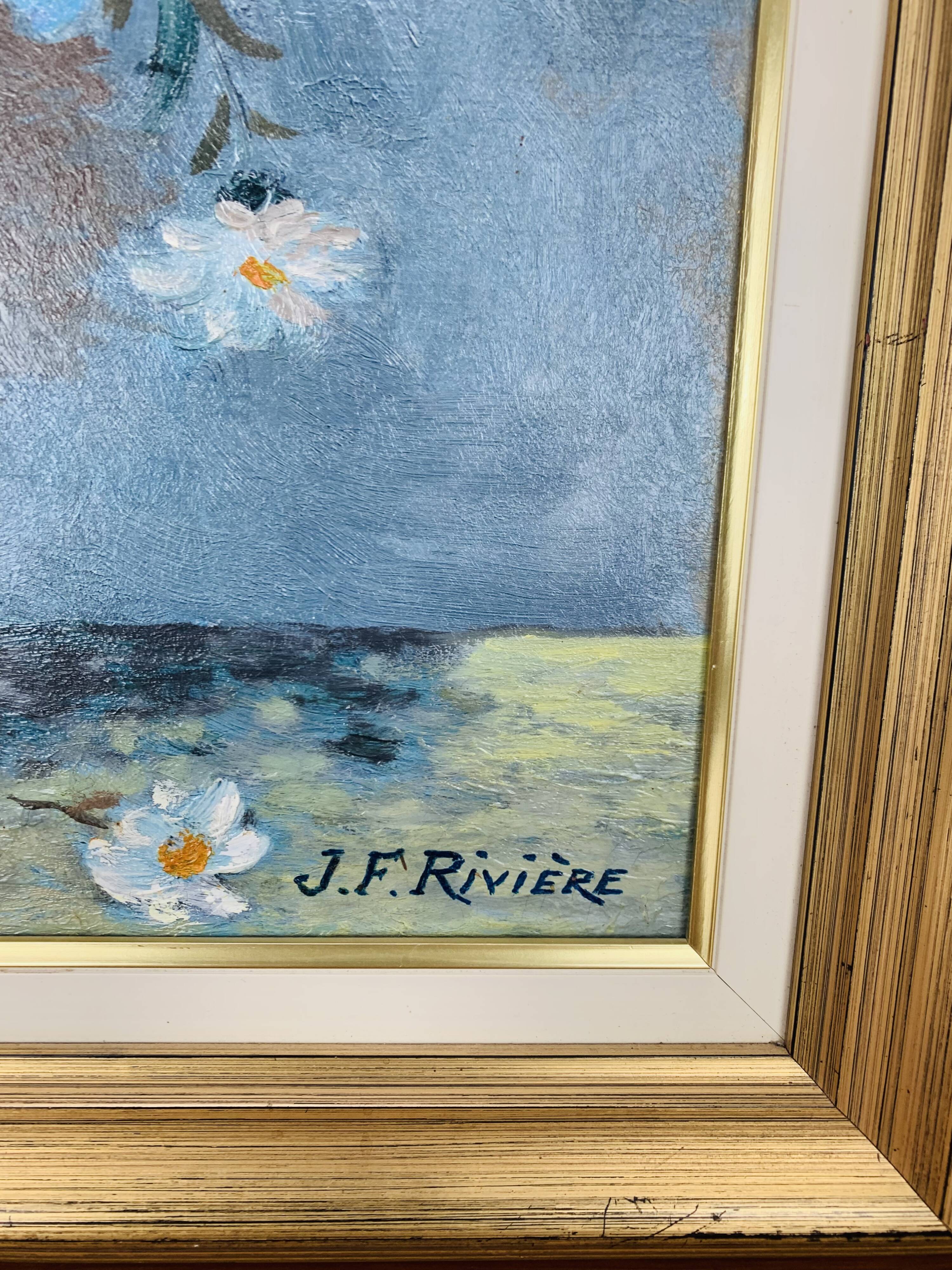 Still life painting of a bouquet of flowers, golden frame