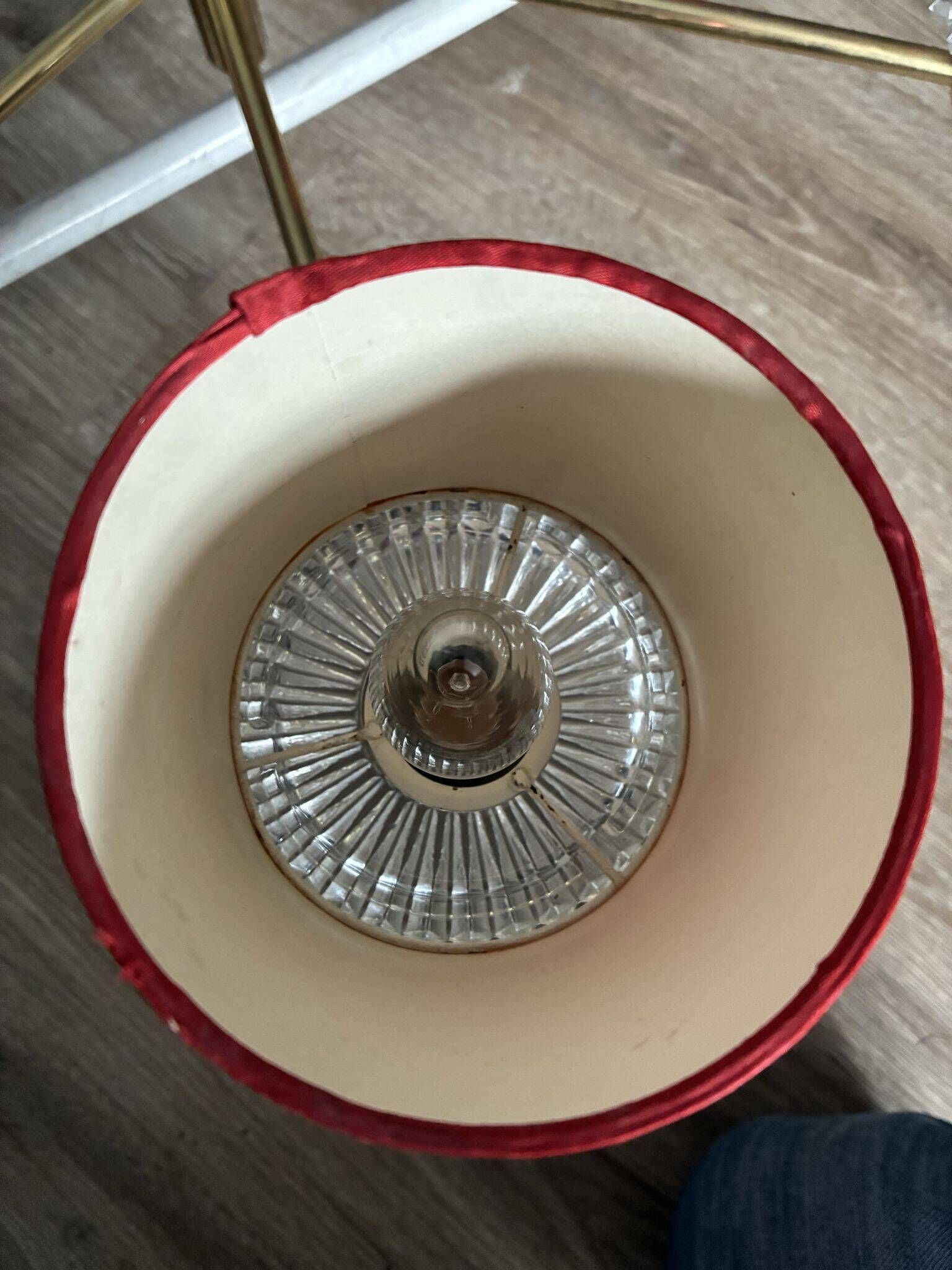 Kaiser Leuchten six-arm brass chandelier, red shades, crystal glass