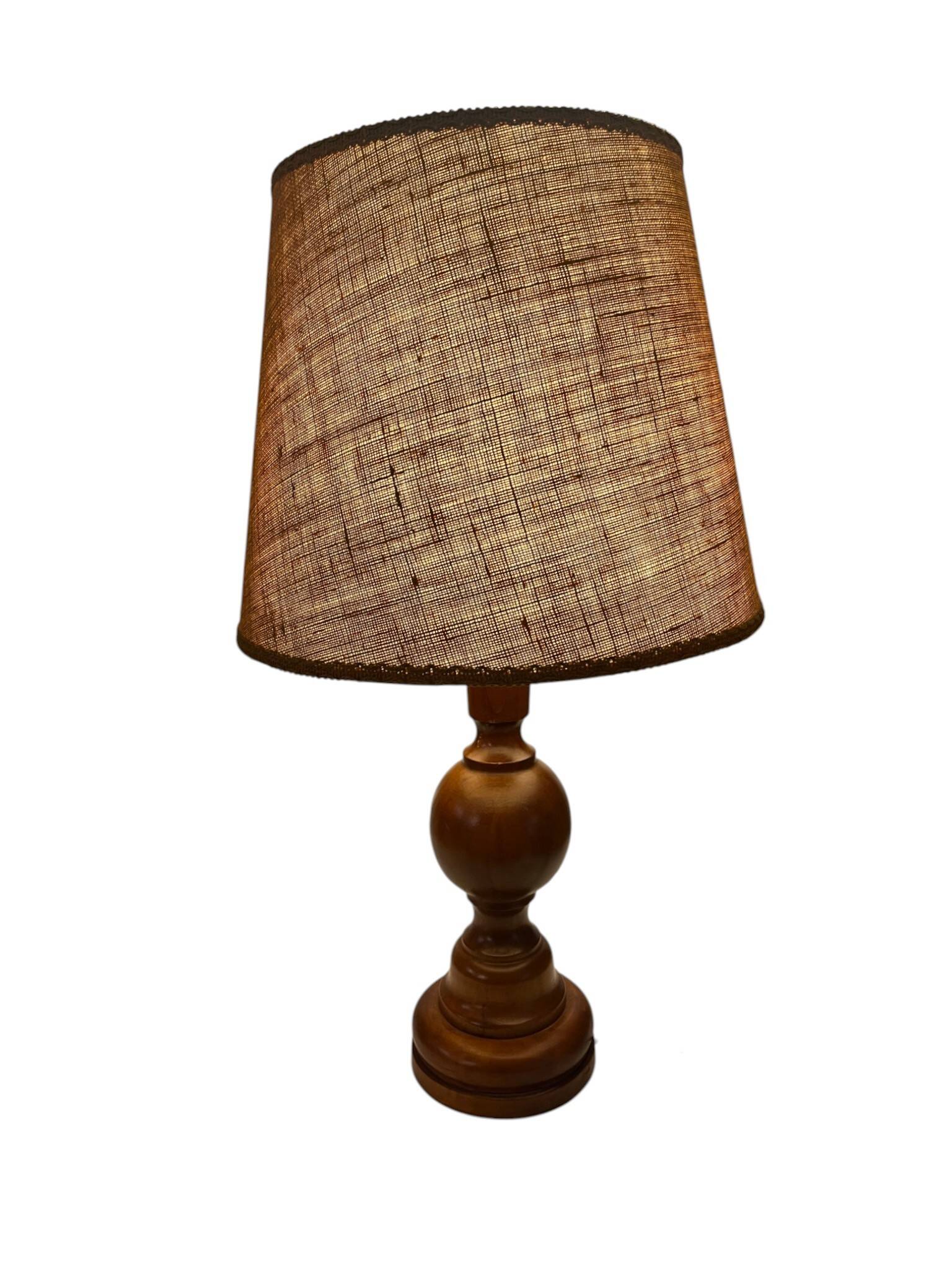 Vintage, large wooden base lamp with shade from around 1970.