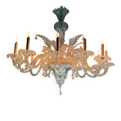 Lustre vénitien en verre de Murano incolore, 12 bras de lumière vers 1900