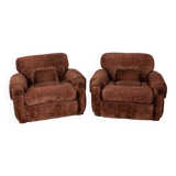 Pair of armchairs with wooden and metal structure and brown velvet covering