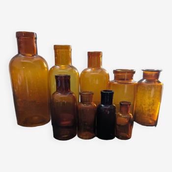 Lot 9 ancien flacon bouteille pharmacie/apothicaire verre soufflé ambré 1900