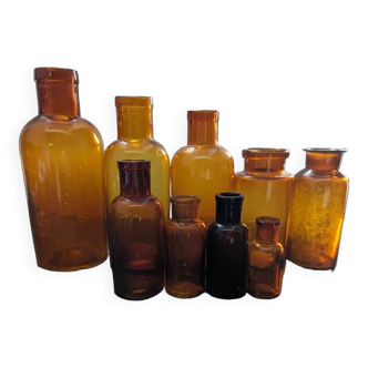 Lot 9 ancien flacon bouteille pharmacie/apothicaire verre soufflé ambré 1900