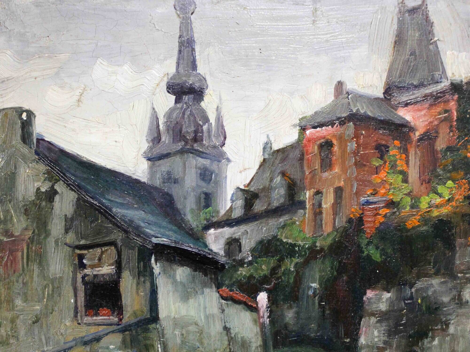 Oil on cardboard signed - View of a village