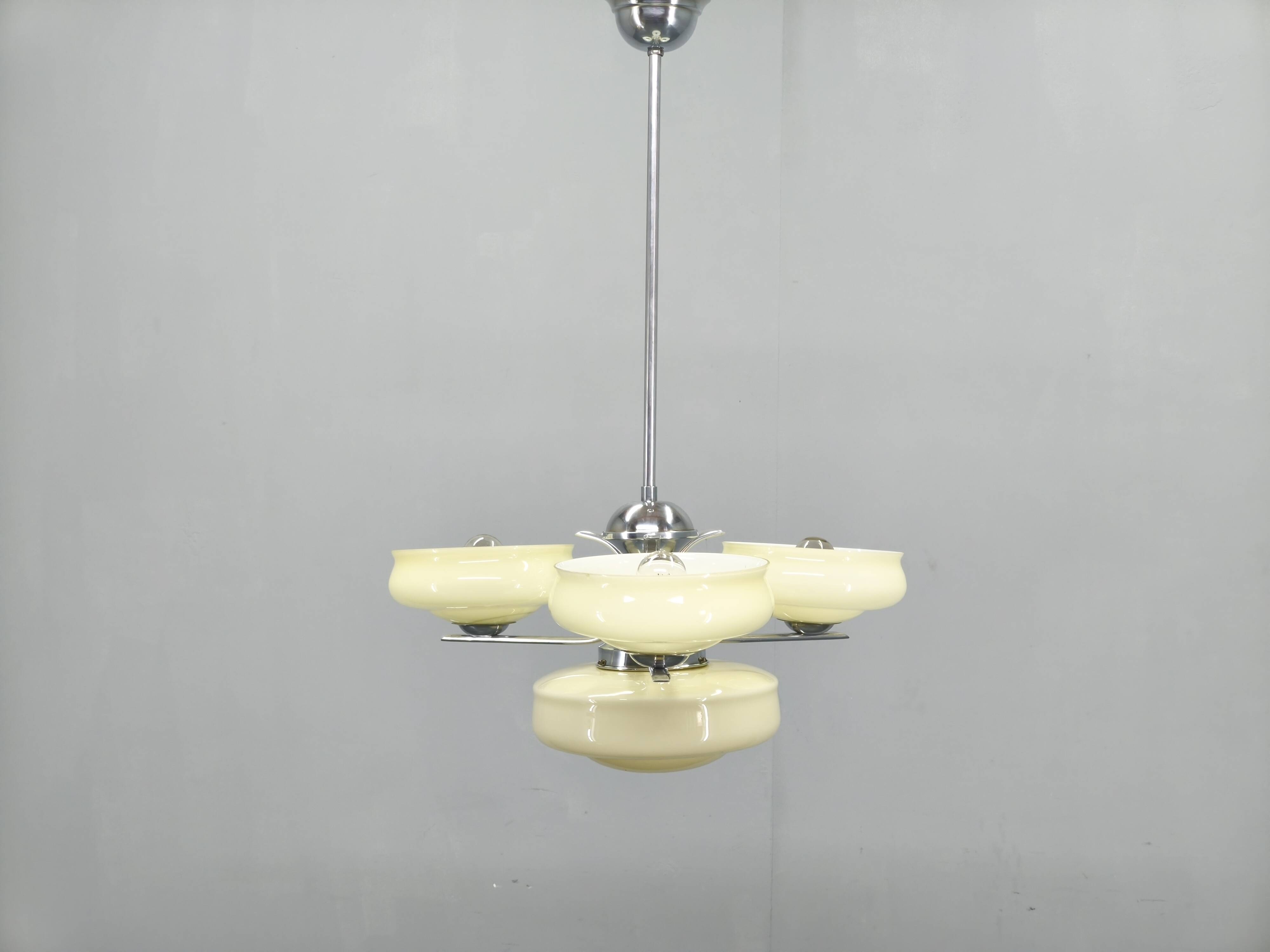 Bauhaus Chandelier Czechoslovakia 1930s Milk Glass Chrome Pendant
