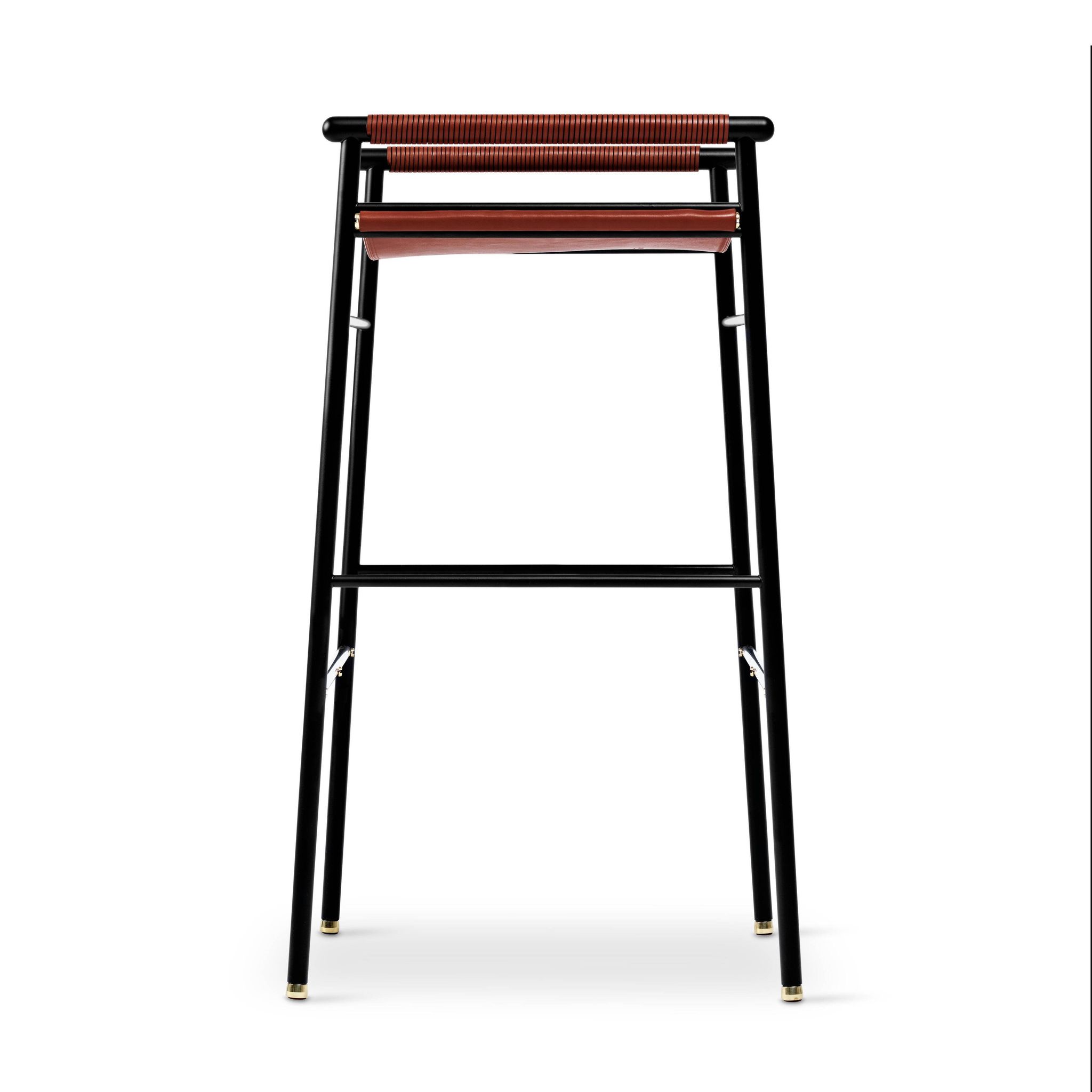 Set of 5 contemporary artisan bar stools in cognac leather and black rubber metal.