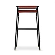 Set of 5 contemporary artisan bar stools in cognac leather and black rubber metal.
