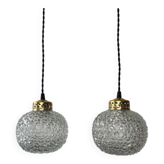 Pair of old vintage molded glass pendant lamps